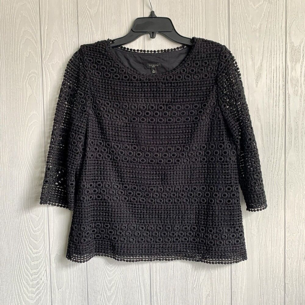 Talbots Petites Embroidered Black Top Size SP